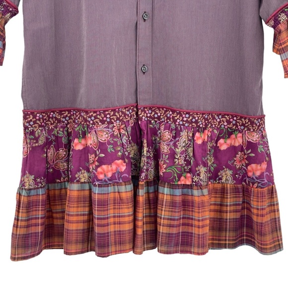 Custom Up-Cycled Tunic 3/4 Sleeves Button Up Ruffle Hem Mixed Print Purple | M/L - Picture 7 of 11